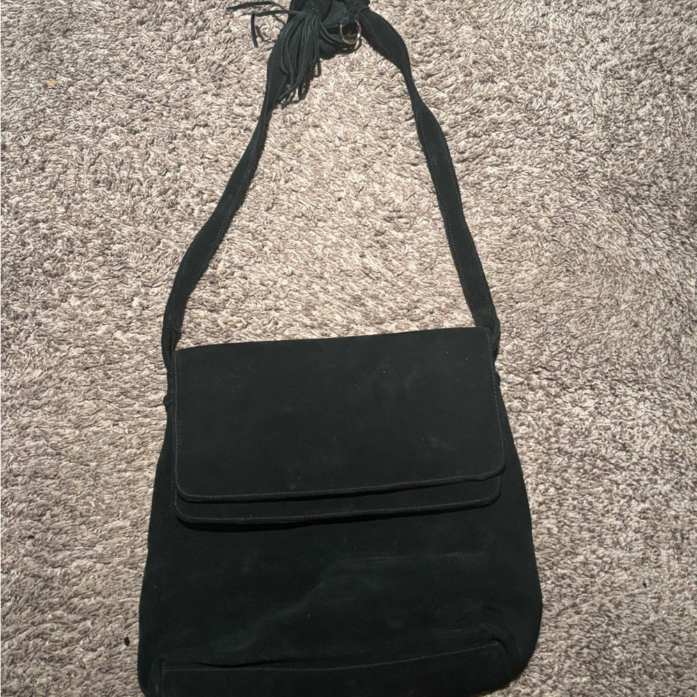 APOSTROPHE Medium Size Black Suede Tassel Flap Shoulder Handbag